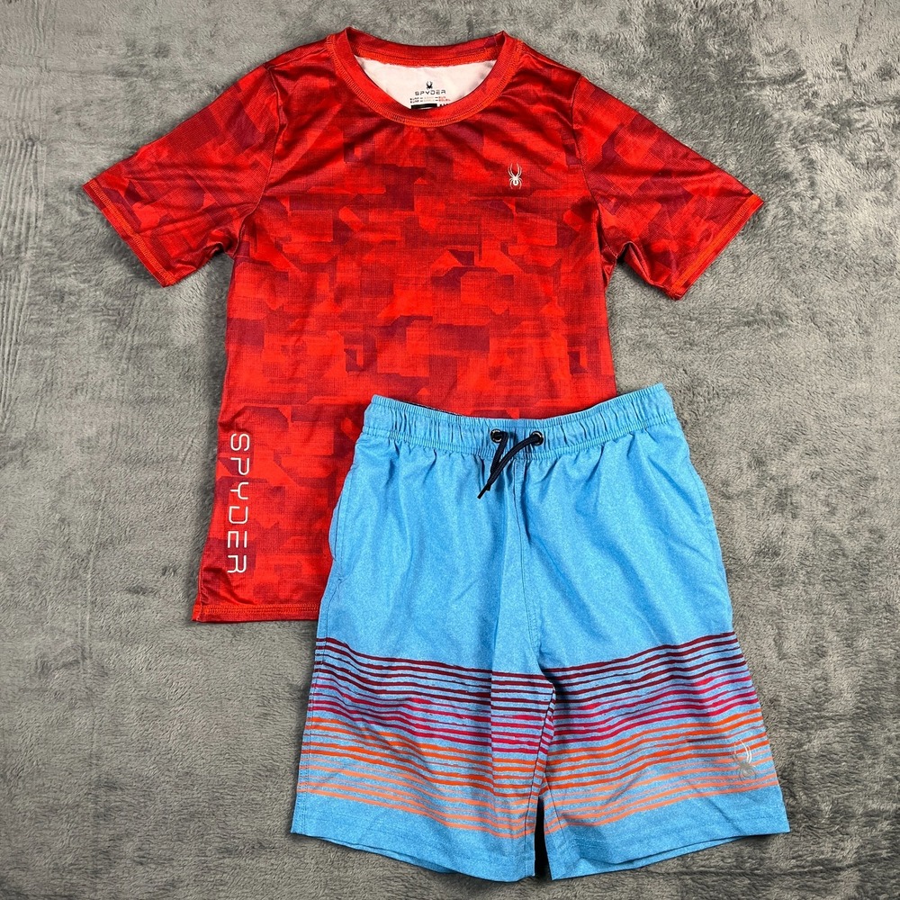 Spyder Swim Trunks Set 2 Piece Boys Medium Red Blue Camo Performance Drawstring